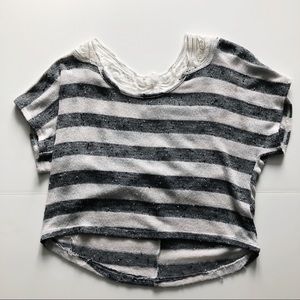 Gray and silver striped shirt with lace back